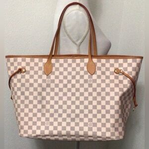 Genuine Leather Damier Azure Cream Checkered Tote with Tan Trim Neverfull GM